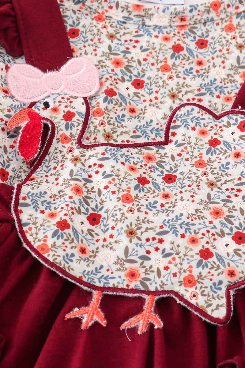 Maroon thanksgiving turkey applique floral girl dress set