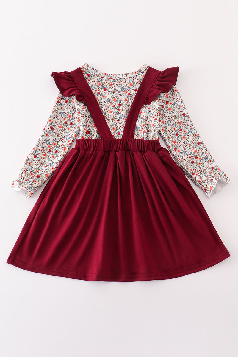 Maroon thanksgiving turkey applique floral girl dress set