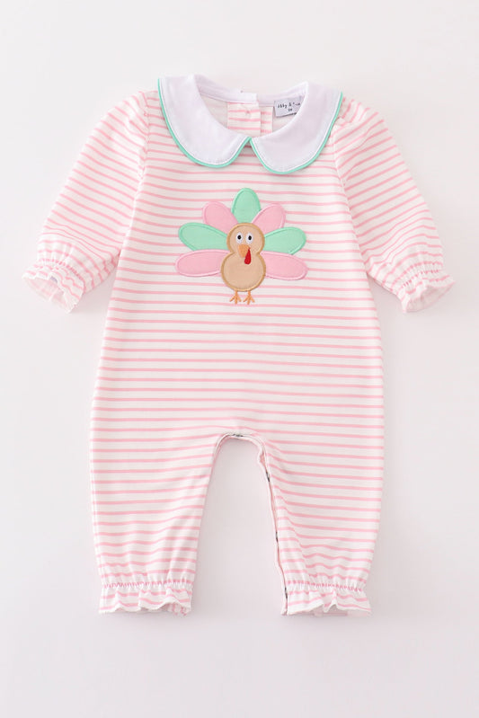 Pink stripe turkey applique girl romper