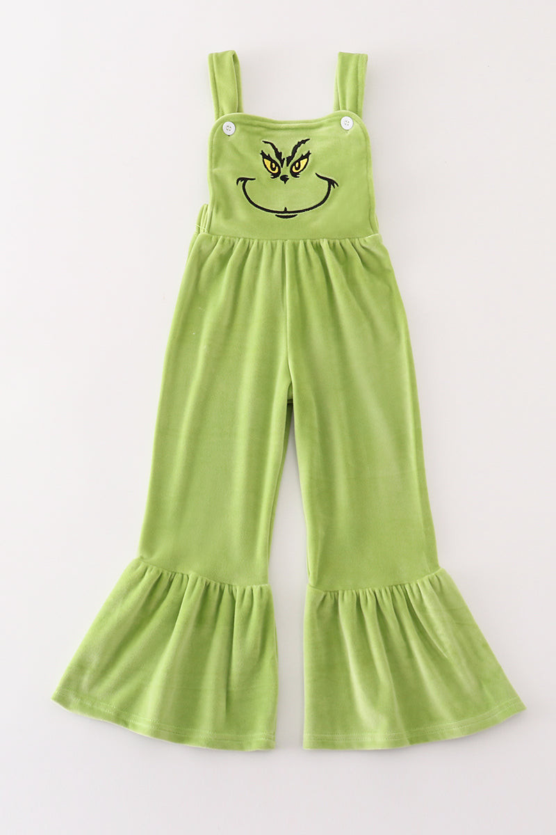 Green velvet christmas charactor embroidery girl jumpsuit