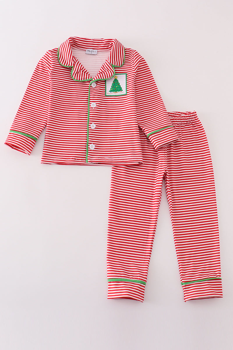 Red stripe christmas tree embroidery boy pajamas set