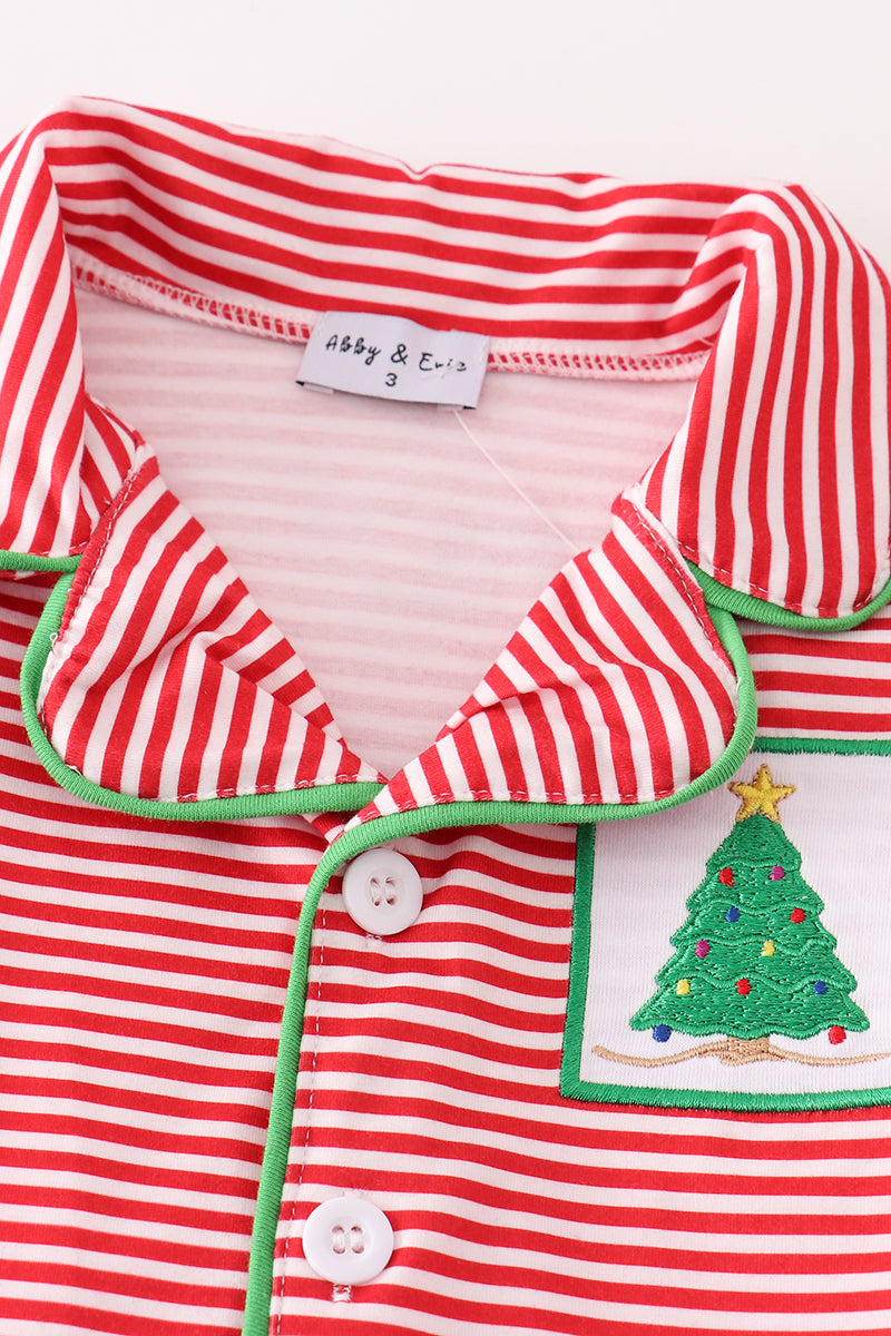 Red stripe christmas tree embroidery boy pajamas set