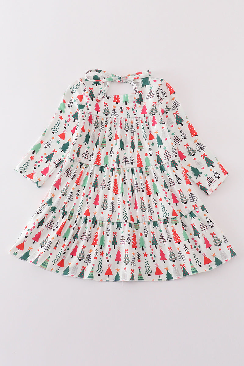 Green christmas tree print girl dress