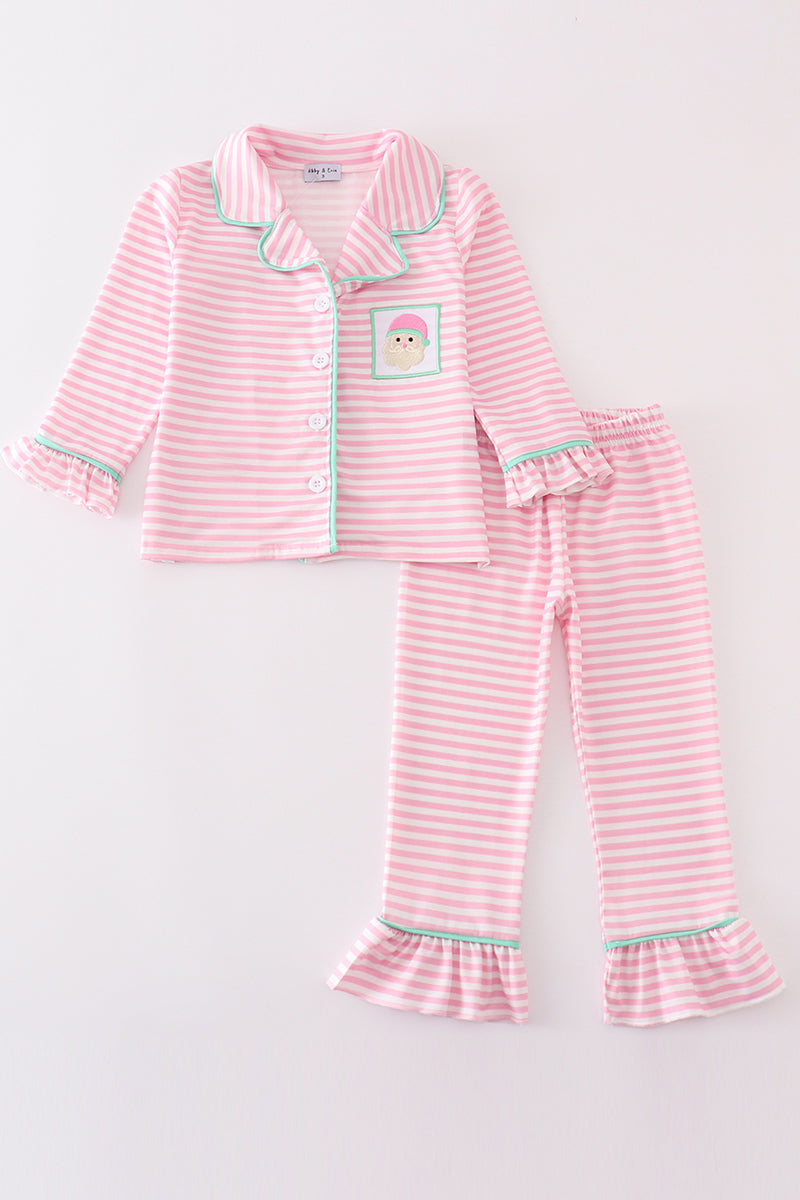 Pink stripe christmas santa claus embroidery girl pajamas set