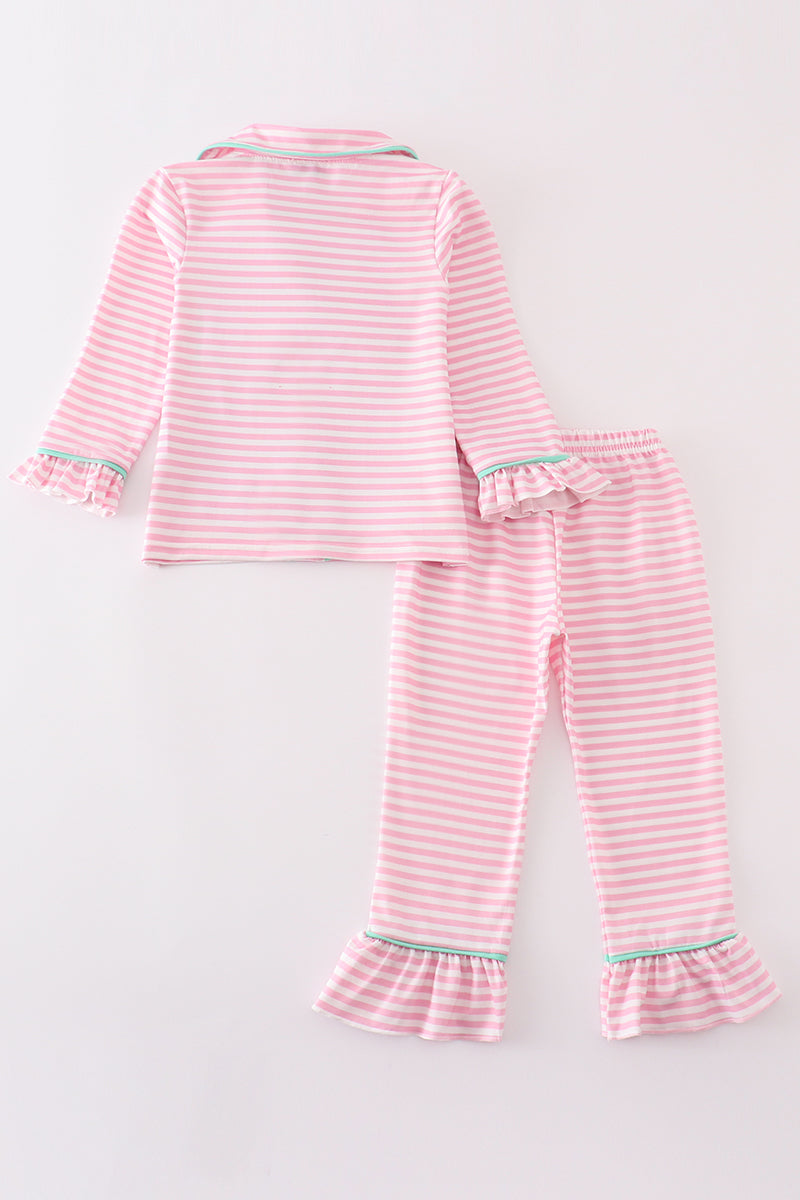 Pink stripe christmas santa claus embroidery girl pajamas set