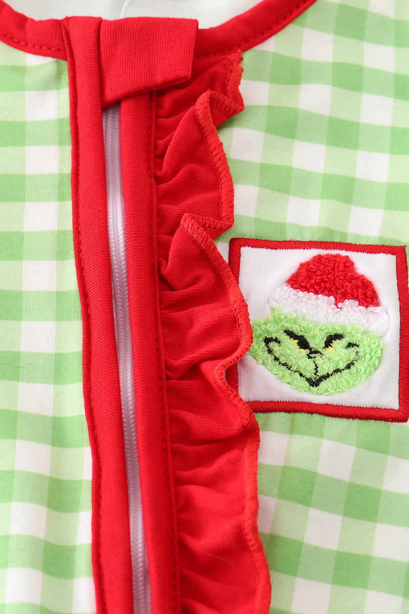 Green christmas grinch ruffle french knot girl romper