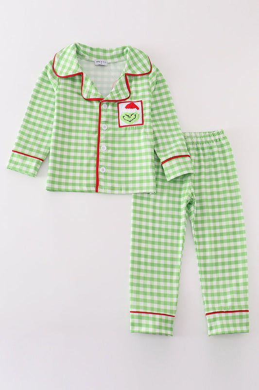 Green christmas grinch french knot boy pajamas set