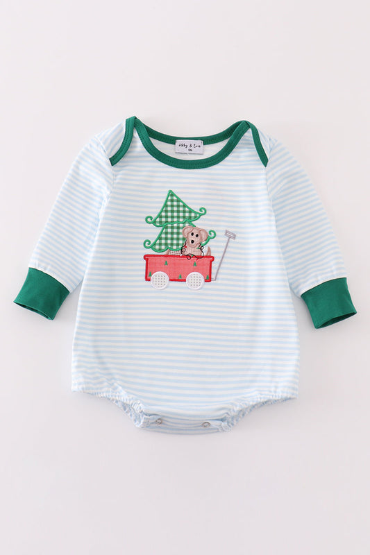 Green stripe christmas puppy applique boy bubble