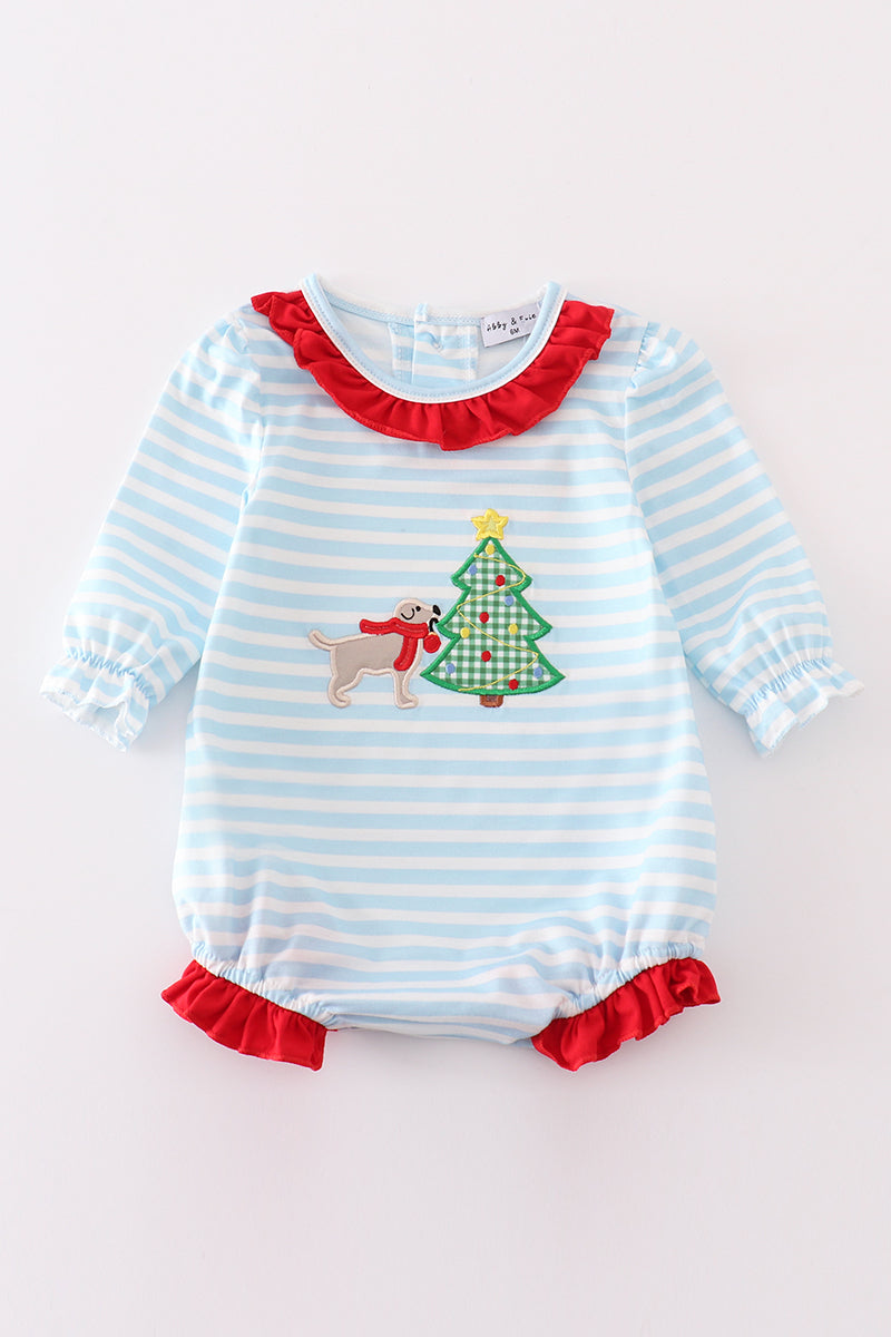 Blue stripe christmas tree puppy applique boy romper