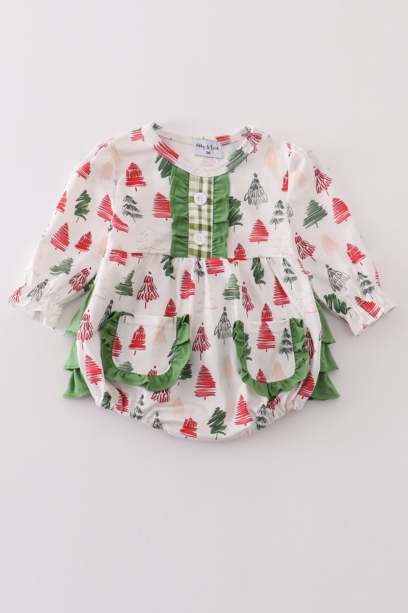 Green christmas tree print girl ruffle bubble