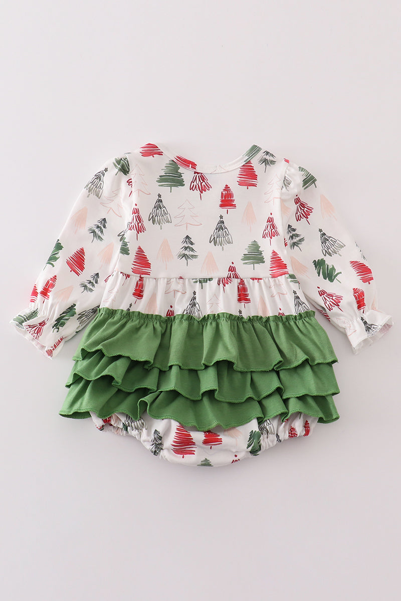 Green christmas tree print girl ruffle bubble