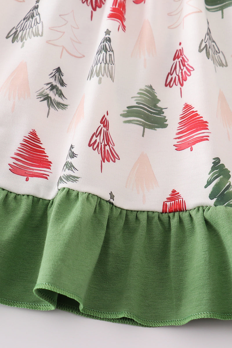 Green christmas tree print girl ruffle dress