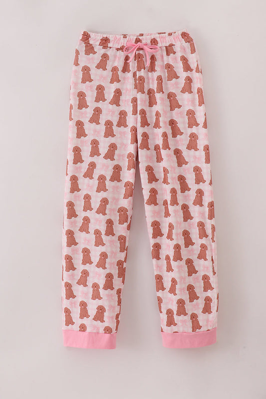 Pink puppy bow print ruffle pajamas mom pants
