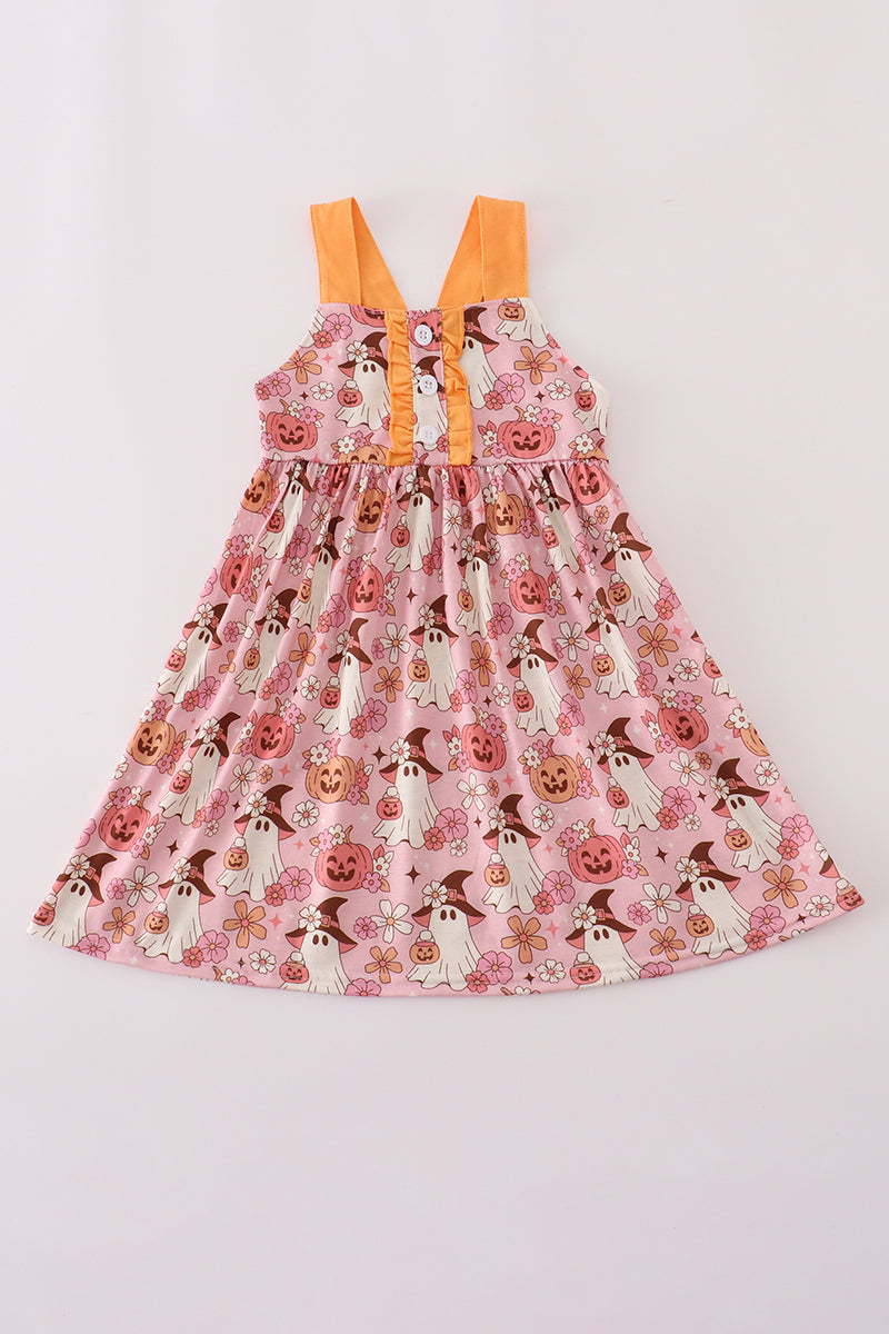 Pink pumpkin ghost print ruffle dress