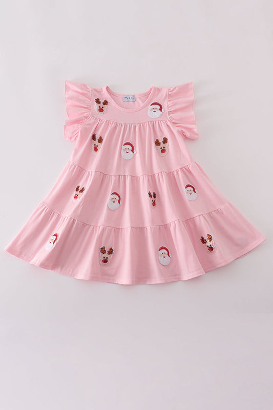 Pink christmas sequin tiered girl dress