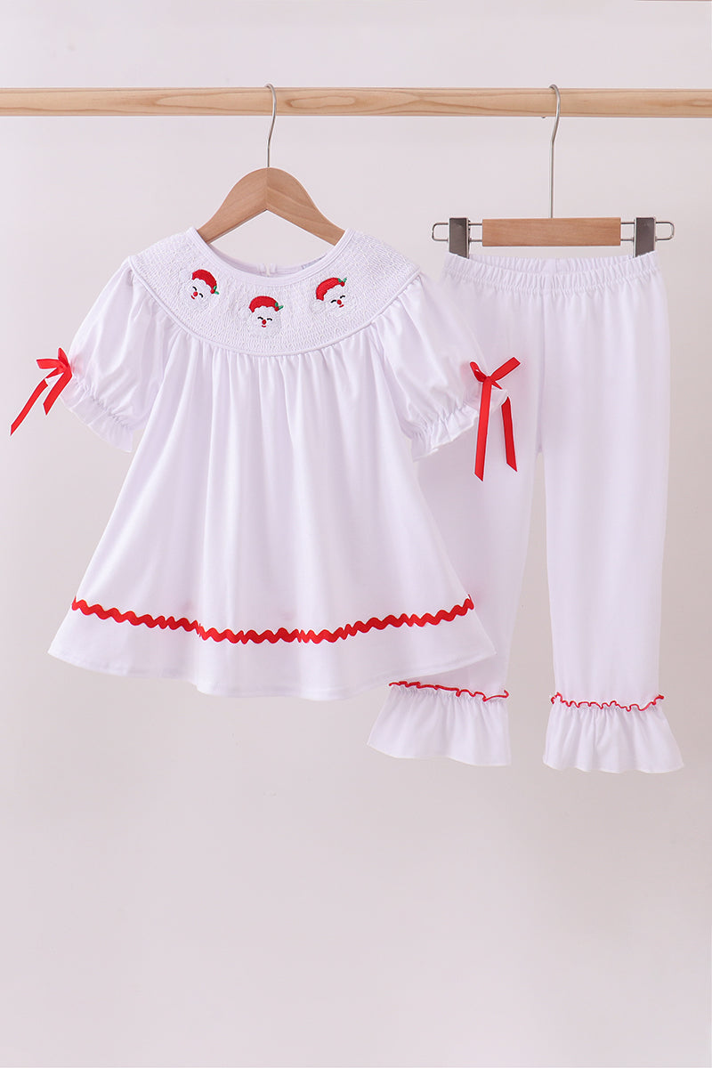 White santa claus smocked ruffle pants set