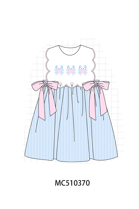 Blue crab embroidery seersucker bow dress