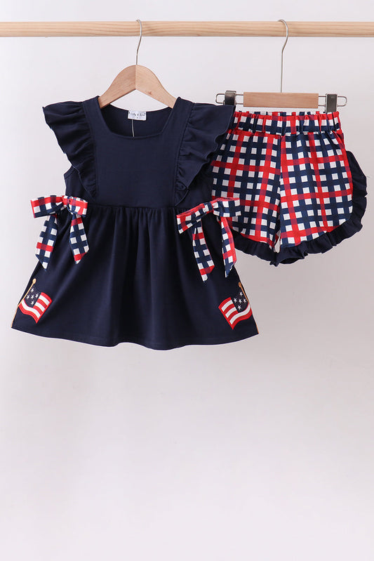 Navy flag applique gingham ruffle shorts set