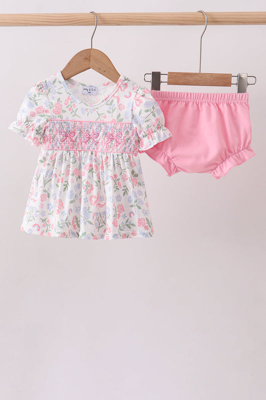 Pink floral bow smocked ruffle bloomer set