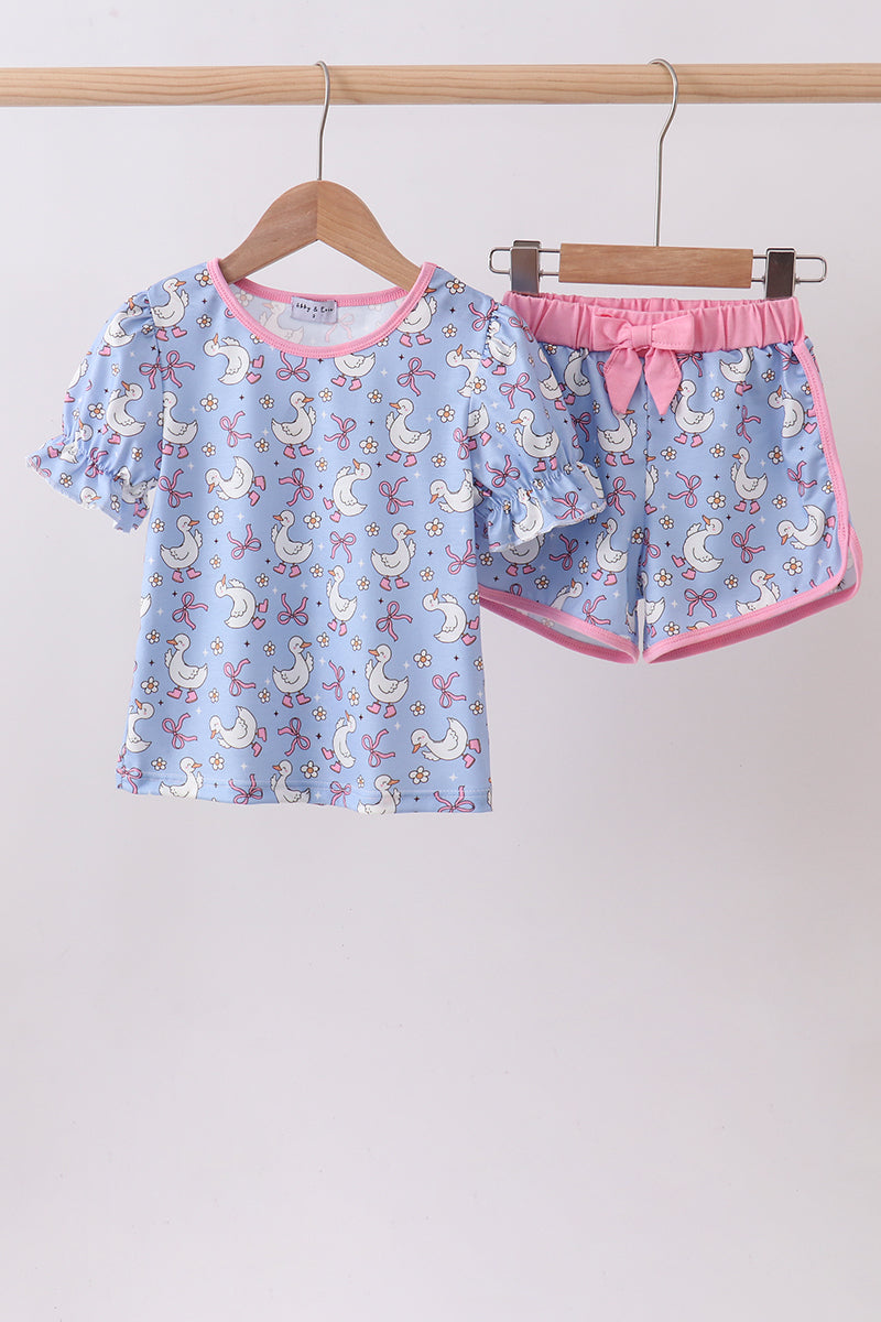 Purple duck print bow shorts set