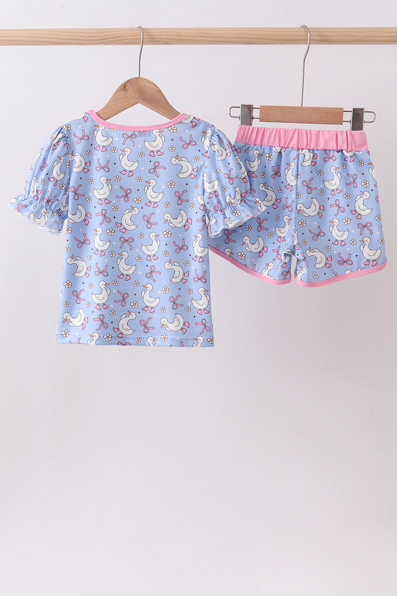 Purple duck print bow shorts set