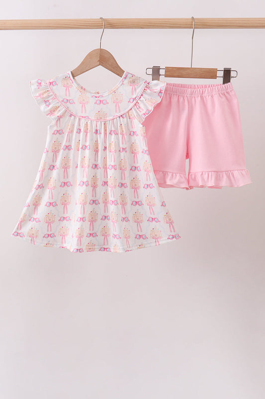 Pink bow castle ruffle shorts set