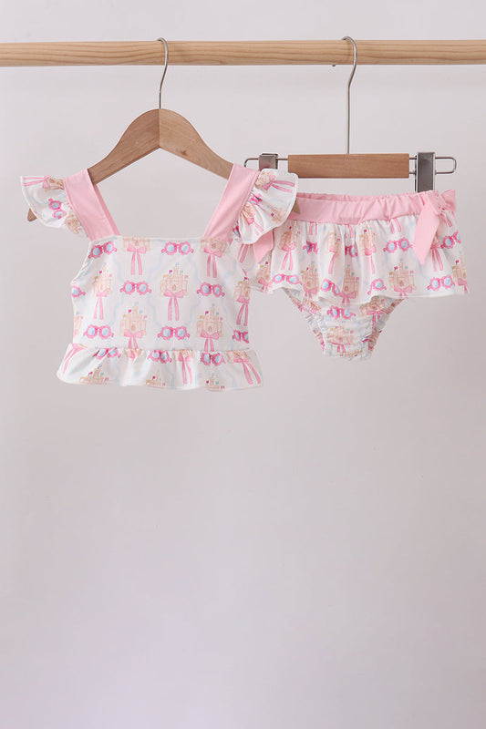 Pink bow castle ruffle 2pc swimsuit