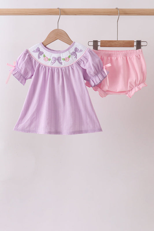 Lavender Smocked Embroidered Bow Jacquard Bloomer Set