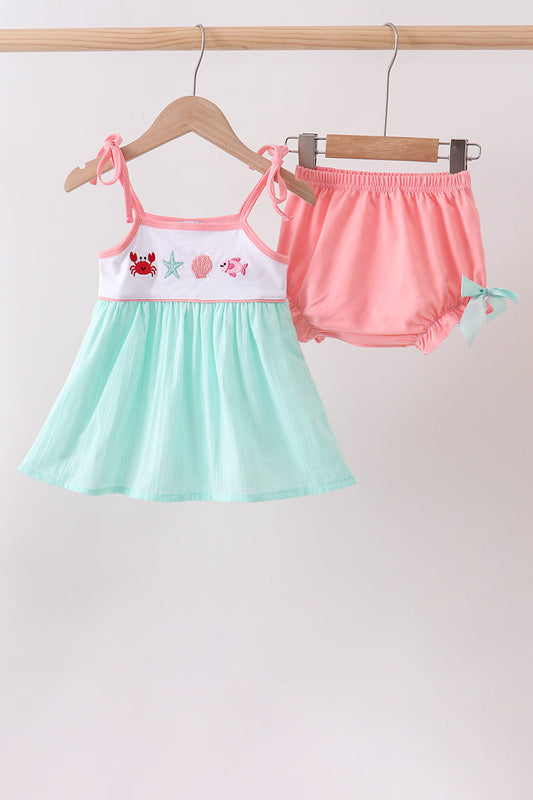 Green Marine Embroidered Jacquard Bloomer Set