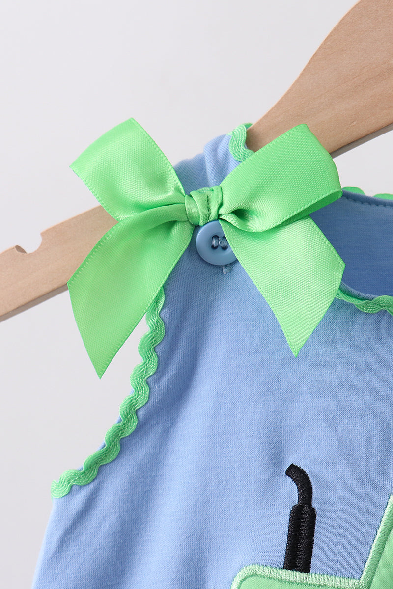 Blue Tractor Applique Seersucker Bloomer Set