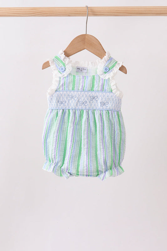 Green Stripe Smocked Bow Seersucker Bubble