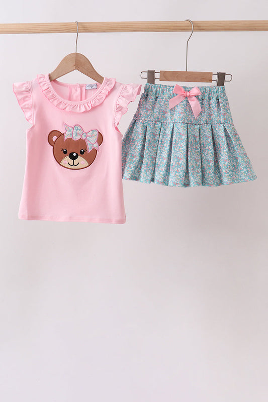 Pink Bear Floral Applique Skorts Set