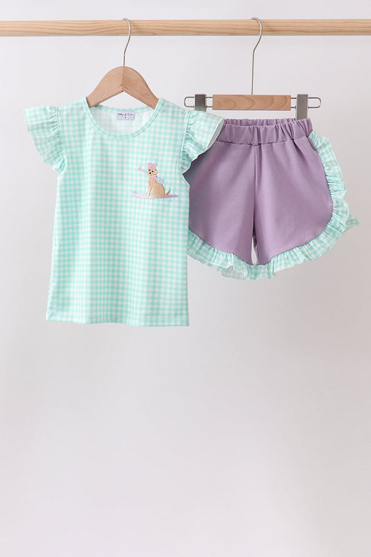 Mint Puppy Plaid Embroidered Set