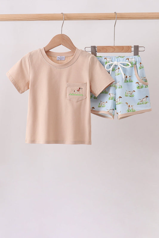 Khaki Puppy Embroidered Shorts Set