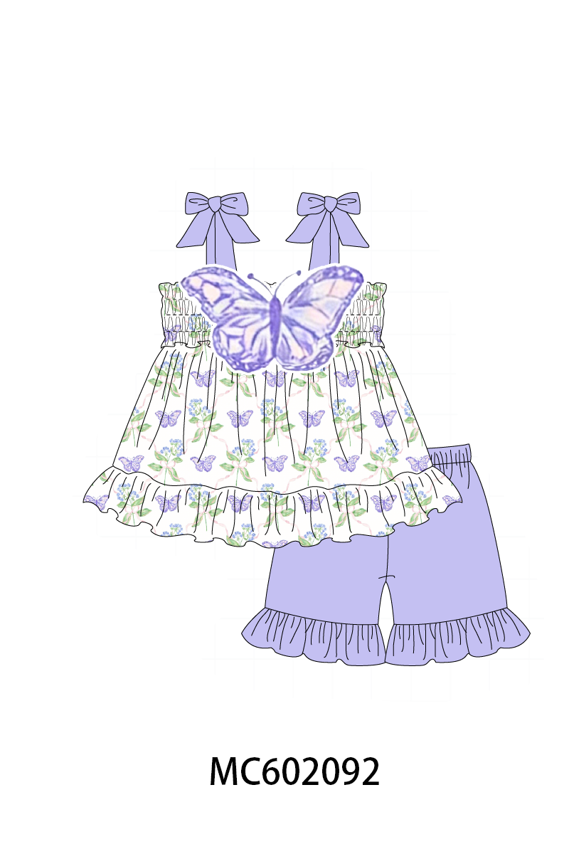 Purple Butterfly Applique Shorts Set