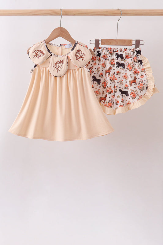 Khaki horse embroidery ruffle shorts set