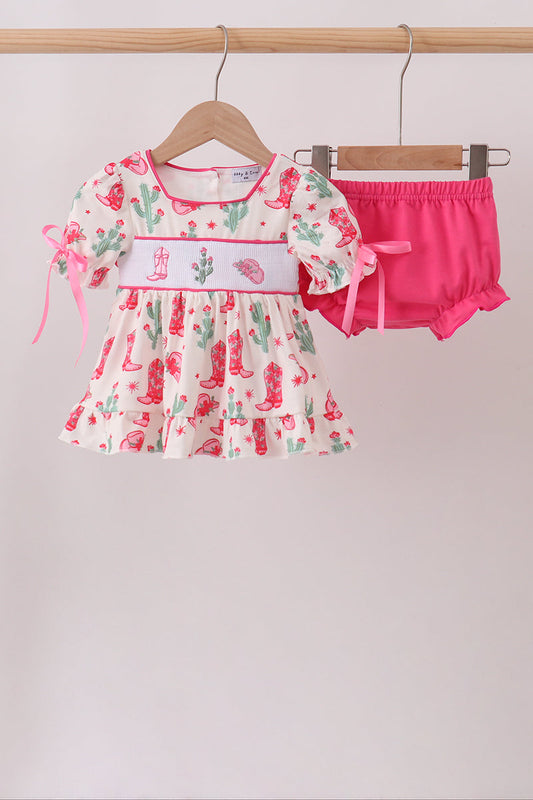 Pink Boots Smocked Bloomer Set
