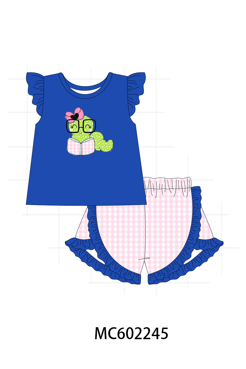 Blue Bookworm Applique Ruffle Shorts Set