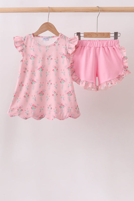 Pink Floral Ruffle Shorts Set