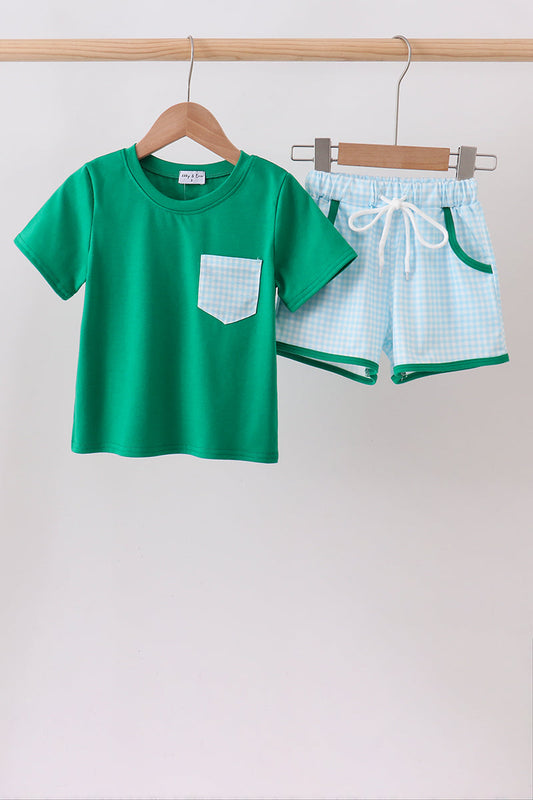 Green pocket grid shorts set