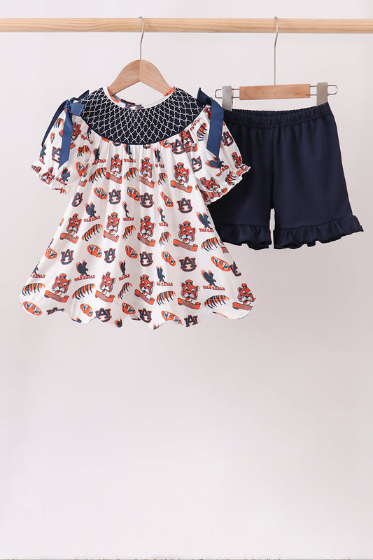 Navy Auburn Smocked Scalloped Shorts Set