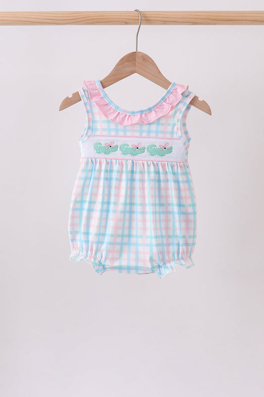 Pink Crocodile Smocked Gingham Bubble