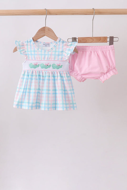 Pink Crocodile Smocked Gingham Bloomer Set
