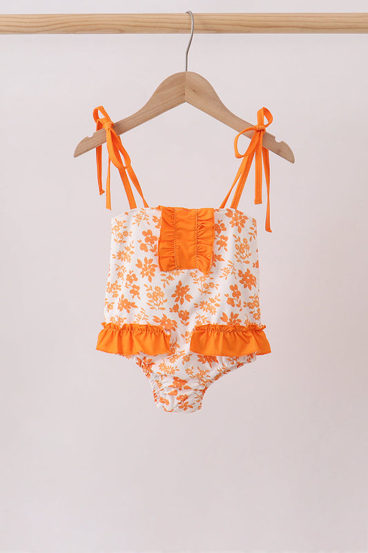 Orange Floral Print Ruffle Swimsuit