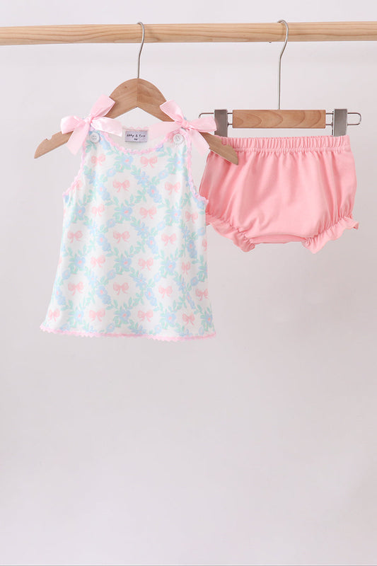 Pink Floral Bow Print Bloomer Set