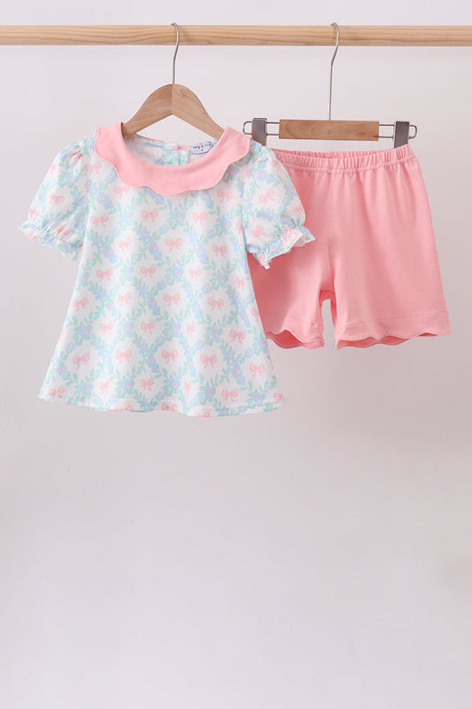Pink Floral Bow Print Scalloped Shorts Set