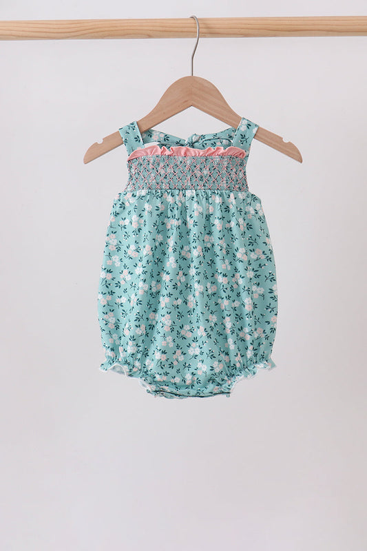 Green Floral Smocked Ruffle Bubble