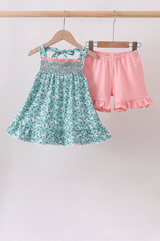 Green Floral Smocked Ruffle Shorts Set