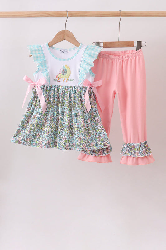 Mint Chicken Applique Ruffle Pants Set