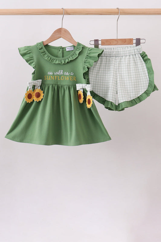 Green Sunflower Applique Ruffle Shorts Set